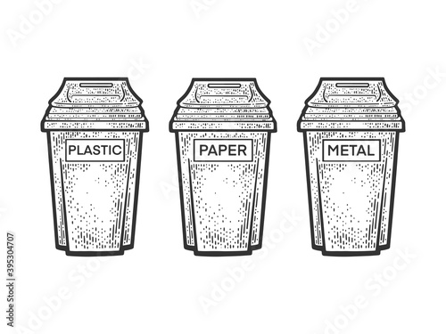 Waste sorting garbage bins trash cans sketch engraving vector illustration. T-shirt apparel print design. Scratch board imitation. Black and white hand drawn image.