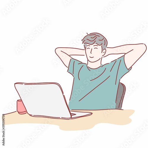 Man using laptop computer. Hand drawn character style.