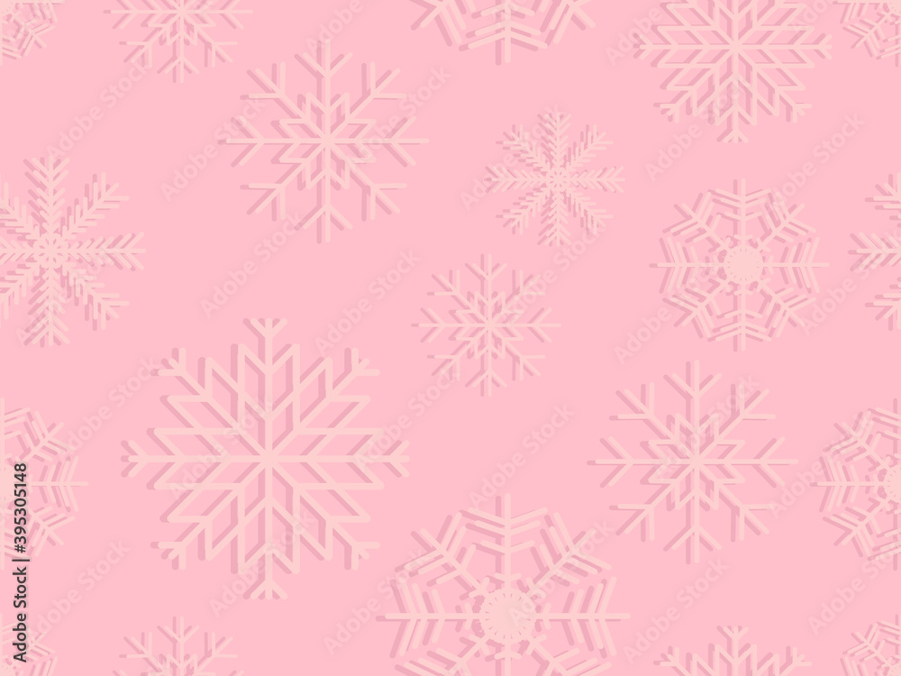 Seamless snowflakes light pink background. Snowflakes with shadow, pastel colors. Christmas ornaments for greeting cards, wrapping paper, banners and posters. Vector illustration