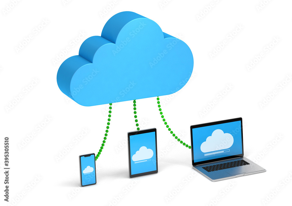 Cloud storage. Synchronization of information on your phone, tablet and laptop. isolated on white background. 3d render Cloud storage. Synchronization of information on your phone, tablet and laptop. isolated on white background. 3d render
