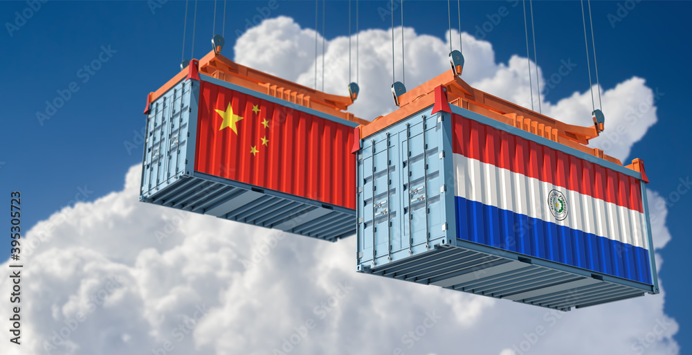 Freight containers with China and Paraguay national flags. 3D Rendering 