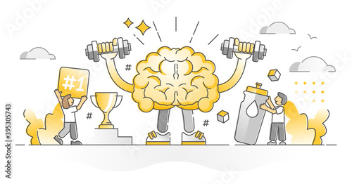 Fit brain as brainpower mental muscles strength monocolor outline concept