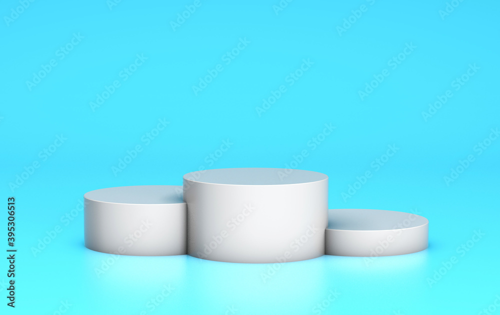 Empty podium, product shelf template. Gray cylinder pedestal on a blue background. 3d render