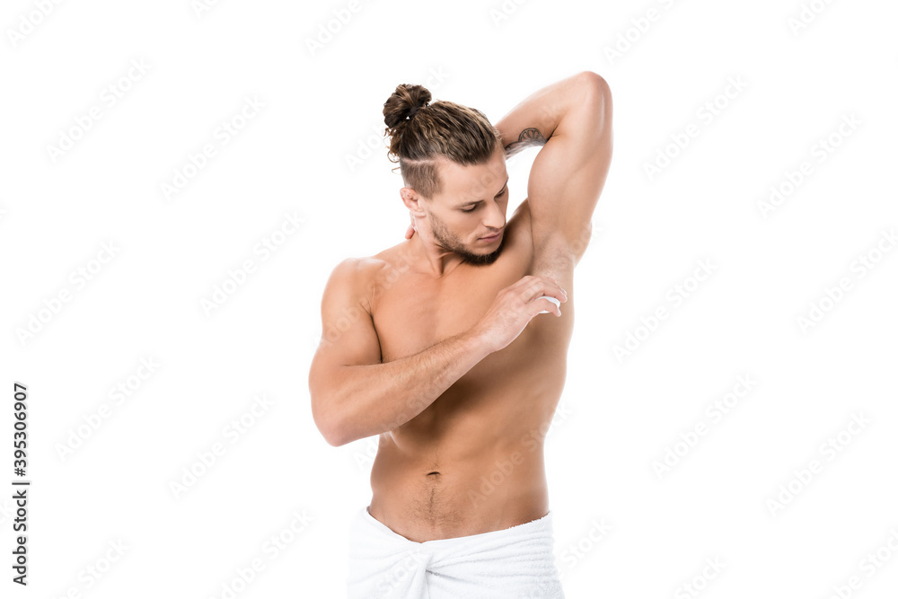  shirtless man using deodorant isolated on white