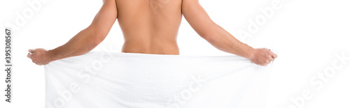 back view of shirtless man in towel posing isolated on white, banner