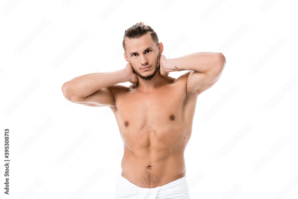 shirtless man in towel posing isolated on white shirtless man in towel posing isolated on white