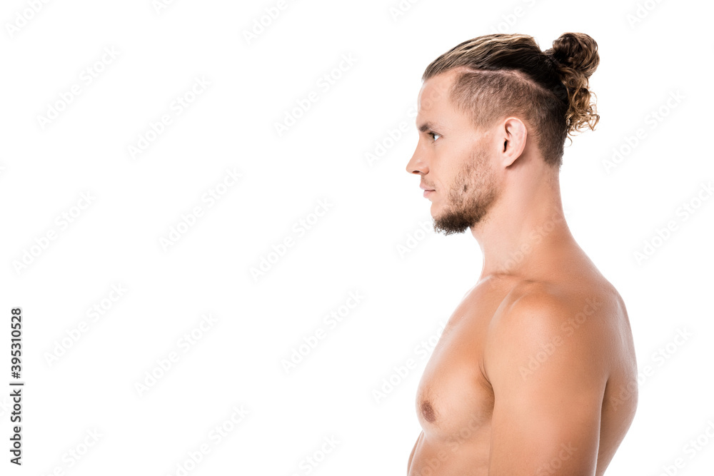 side view of shirtless man posing isolated on white side view of shirtless man posing isolated on white