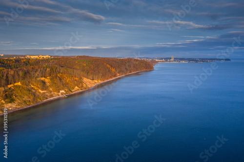 Aerial landscape of the Orlowo cliff at sunrise, Gdynia. Poland