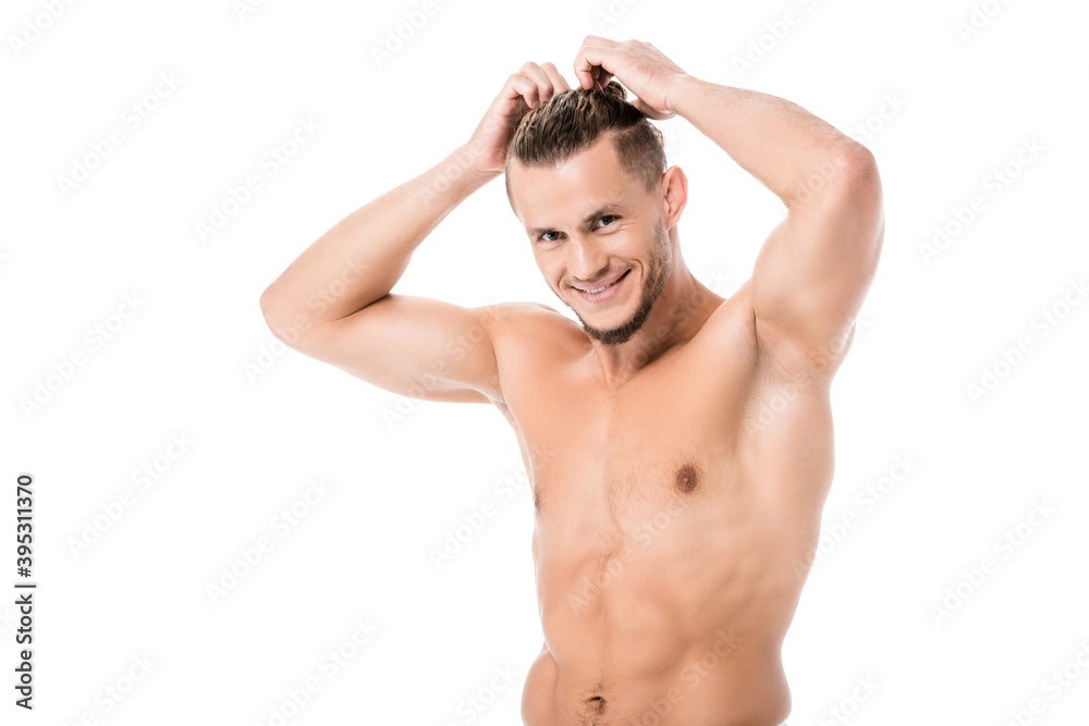 shirtless man in towel posing isolated on white shirtless man in towel posing isolated on white