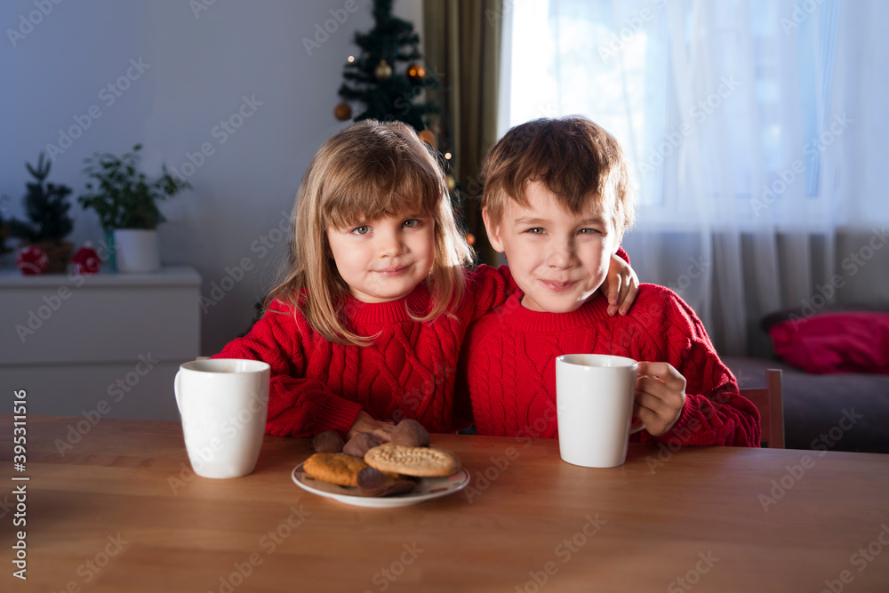 Two kids brother and sister in red sweaters drinking cocoa with sweets at home. Hygge. Happy family on Christmas holiday. Two kids brother and sister in red sweaters drinking cocoa with sweets at home. Hygge. Happy family on Christmas holiday.