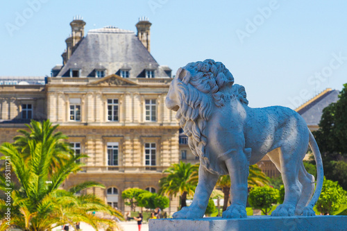 Luxembourg gardens and palace in Paris, France. Lion sculpture