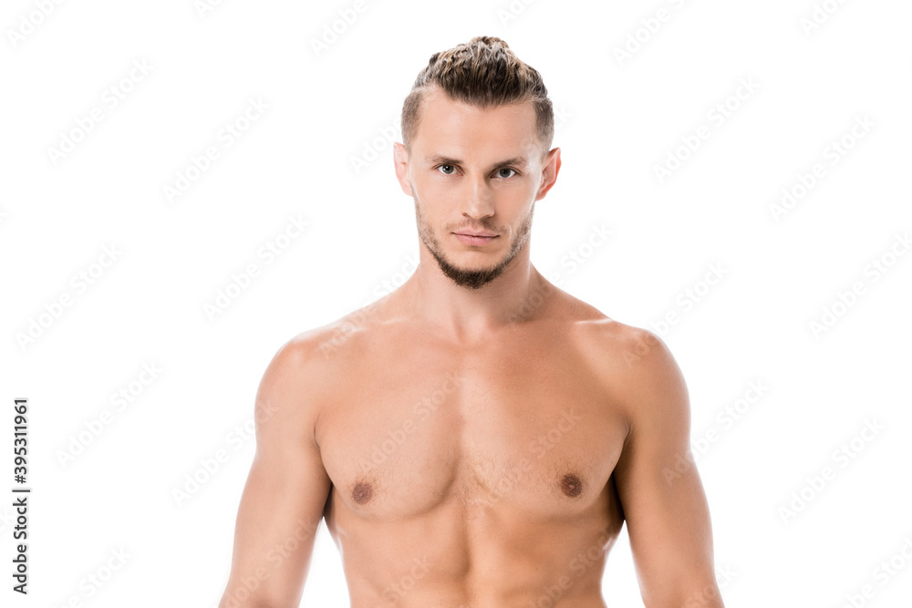 sexy shirtless man posing isolated on white, stock image
