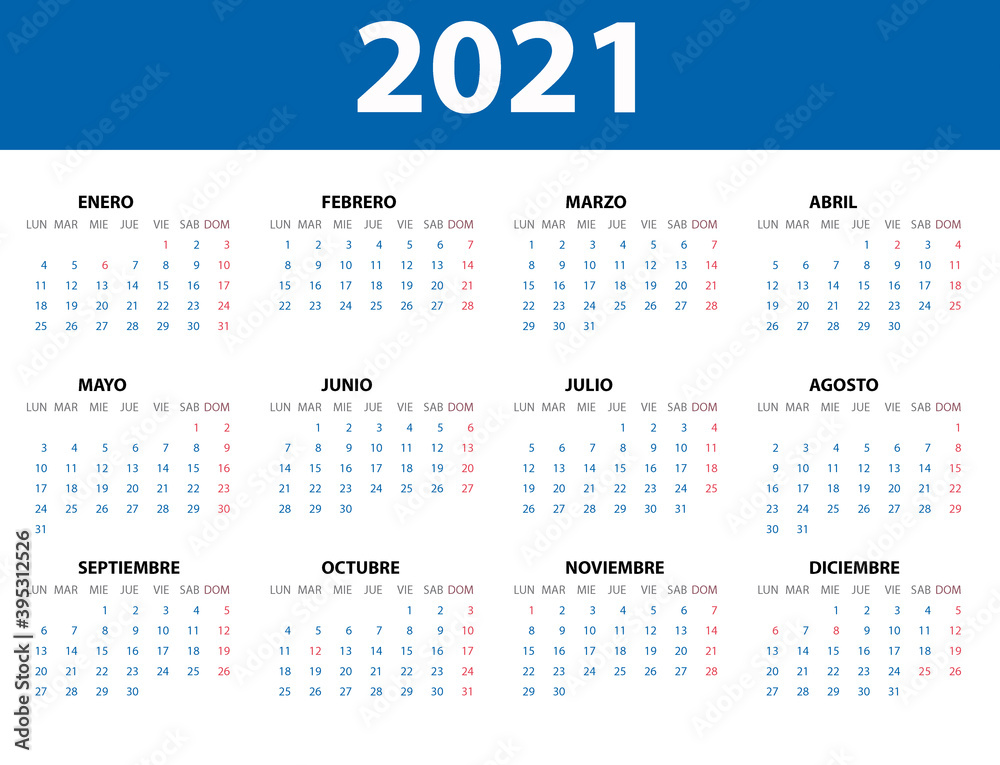 Calendario 2021 en español con los festivos de España