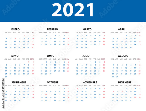 Calendario 2021 en español con los festivos de España
