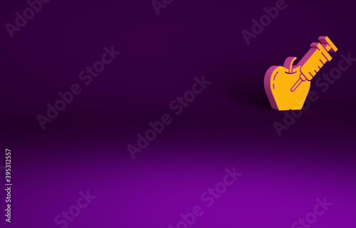 Orange Genetically modified apple icon isolated on purple background. GMO fruit. Syringe being injected to apple. Minimalism concept. 3d illustration 3D render.