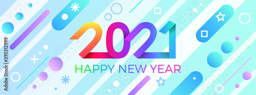 2021 Happy New Year. Paper Memphis geometric bright style for holidays flyers, greetings, invitations, Happy New Year or Merry Christmas cards. Holiday background, poster, banner. Vector Illustration.