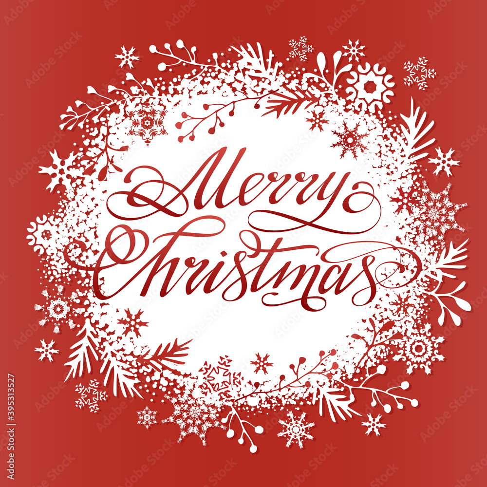 Red-white snow Christmas banner with lettering inscription merry Christmas. Christmas frame.
