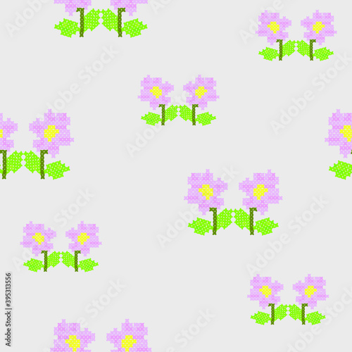 Floral pattern wth purple flowers, cross stitch seamless background