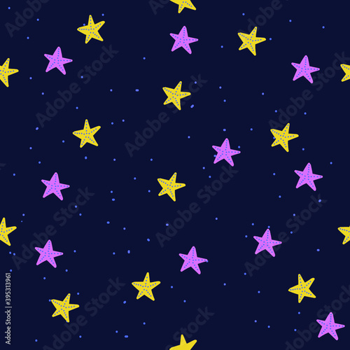 Seamless pattern with starfishes, dark blue background