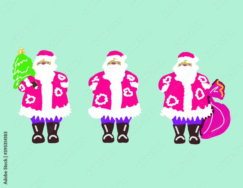 New Year Christmas. Winter holidays. Santa Claus with a Christmas tree, with a bag of gifts. Postcards, winter site design. Vector isolated images. New Year Christmas. Winter holidays. Santa Claus with a Christmas tree, with a bag of gifts. Postcards, winter site design. Vector isolated images.
