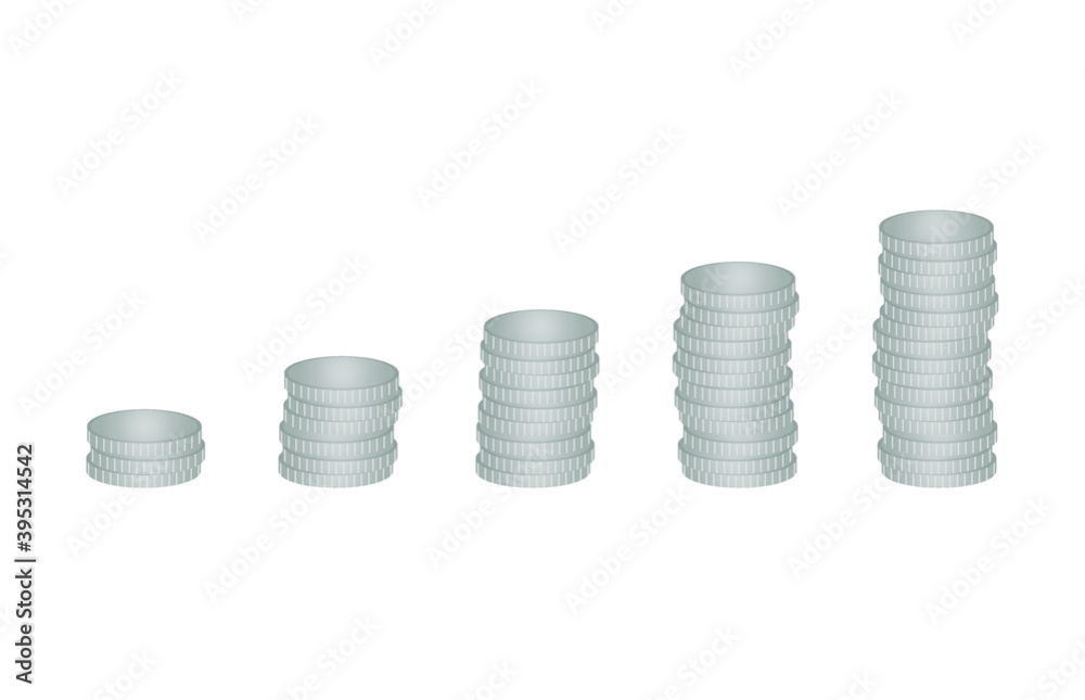 Silver, gray coins are stacked in columns, no denomination. Five columns of metal money, kopecks. Vector illustration, realistic design, isolated on white background, eps 10. Silver, gray coins are stacked in columns, no denomination. Five columns of metal money, kopecks. Vector illustration, realistic design, isolated on white background, eps 10.