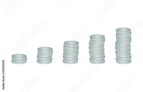Silver, gray coins are stacked in columns, no denomination. Five columns of metal money, kopecks. Vector illustration, realistic design, isolated on white background, eps 10.