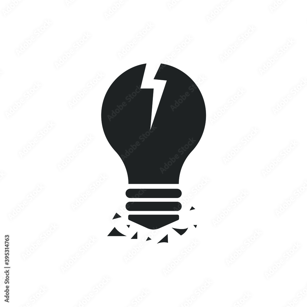 Broken light bulb with shards on the floor, front view. A crack in the glass. Vector icon, black silhouette, isolated on white background, flat minimal design, eps 10. Broken light bulb with shards on the floor, front view. A crack in the glass. Vector icon, black silhouette, isolated on white background, flat minimal design, eps 10.
