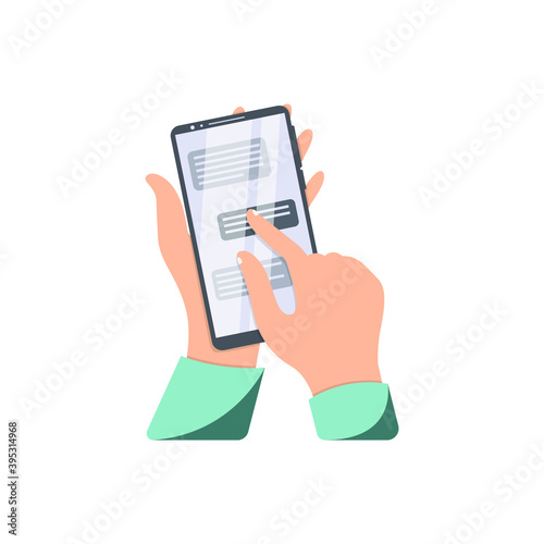 Receive a message on the phone, chat. Hands hold the phone and poke a finger at the screen. Vector illustration, flat cartoon design, isolated on white background, eps 10.