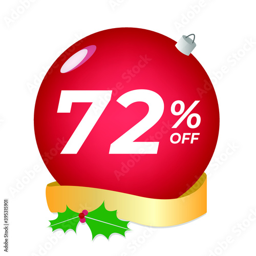 72% off. Seventy-two percent discount. Christmas sale banner. Red bubble with ornaments on a white background vector.