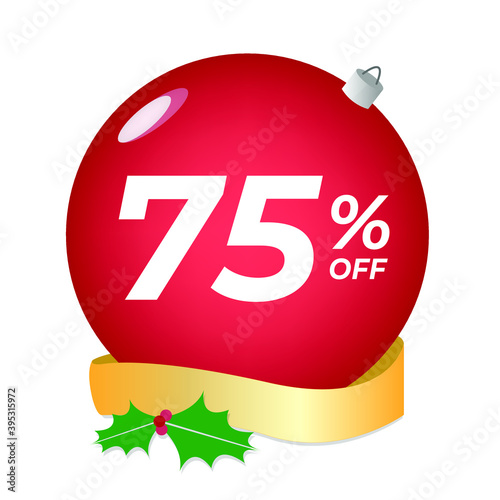 75% off. Seventy-five percent discount. Christmas sale banner. Red bubble with ornaments on a white background vector.
