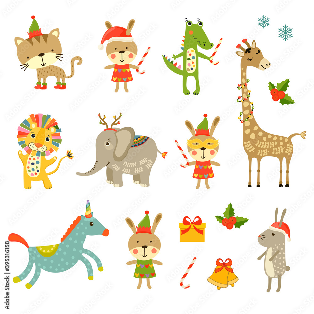 Obraz premium Christmas cartoon characters baby animals. Merry Christmas icons set. 