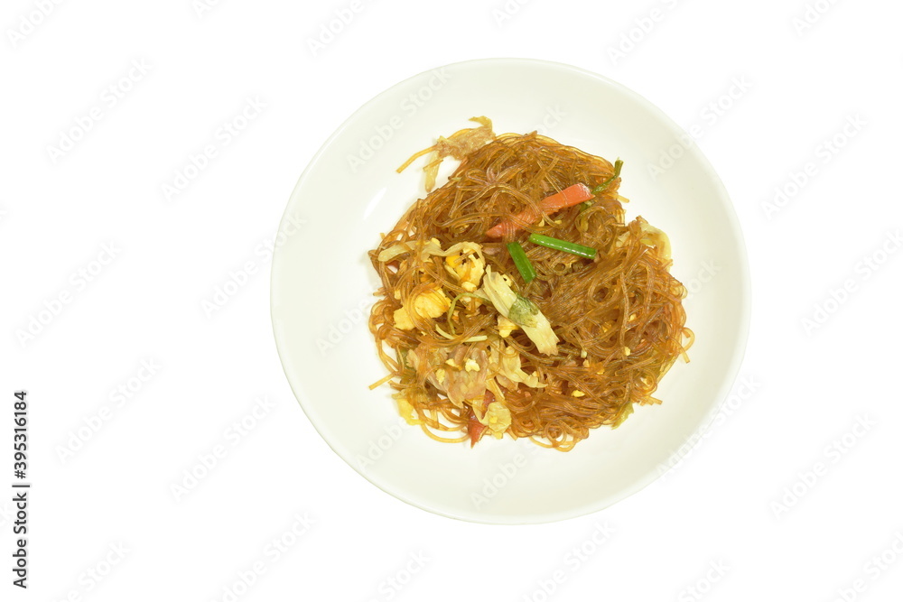 fried glass noodles with egg and cabbage in black sweet soy sauce on plate fried glass noodles with egg and cabbage in black sweet soy sauce on plate