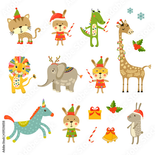 Christmas cartoon characters baby animals. Merry Christmas icons set. 