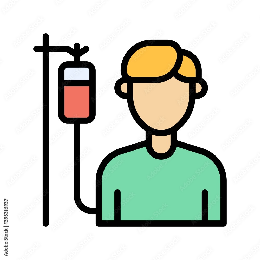 sickness and disease related boy or patient with blood bottle vectors with editable stroke,