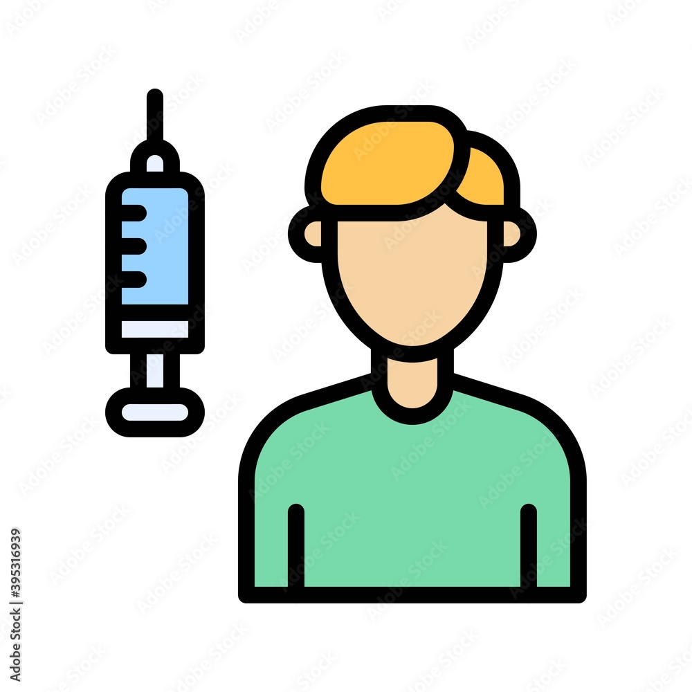 sickness and disease related boy or patient with injection vectors with editable stroke,