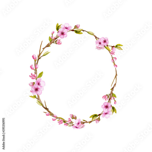 Watercolor Sakura wreath. Hand drawn Blossoning cherry branches with bird frame. Hand painted greenery spring isolated wreath