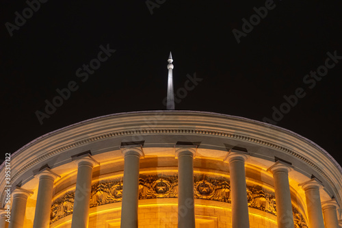 St. Petersburg, Russian, Uprising Square Nevsky Prospect. April 1 2019. Soviet architecture illuminated at night