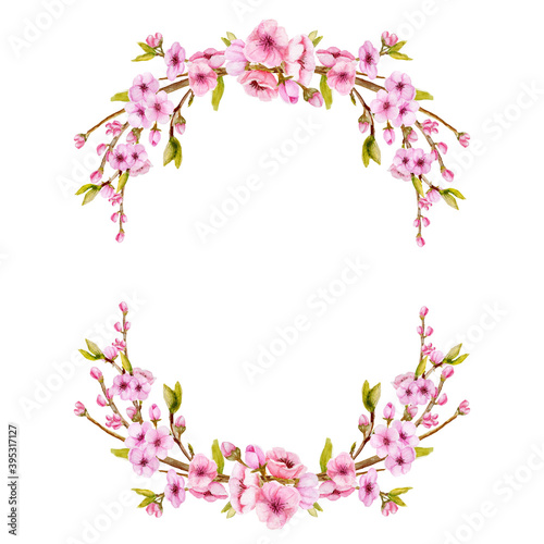 Watercolor Sakura wreath. Hand drawn Blossoning cherry branches frame. Spring Half wreath