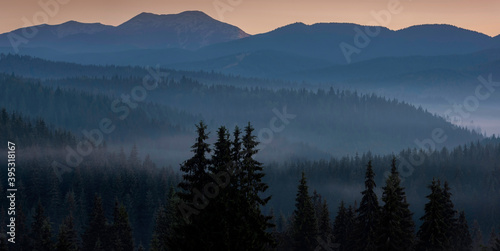 Beautiful foggy landscape in the Carpathians mountains. Early morning light.