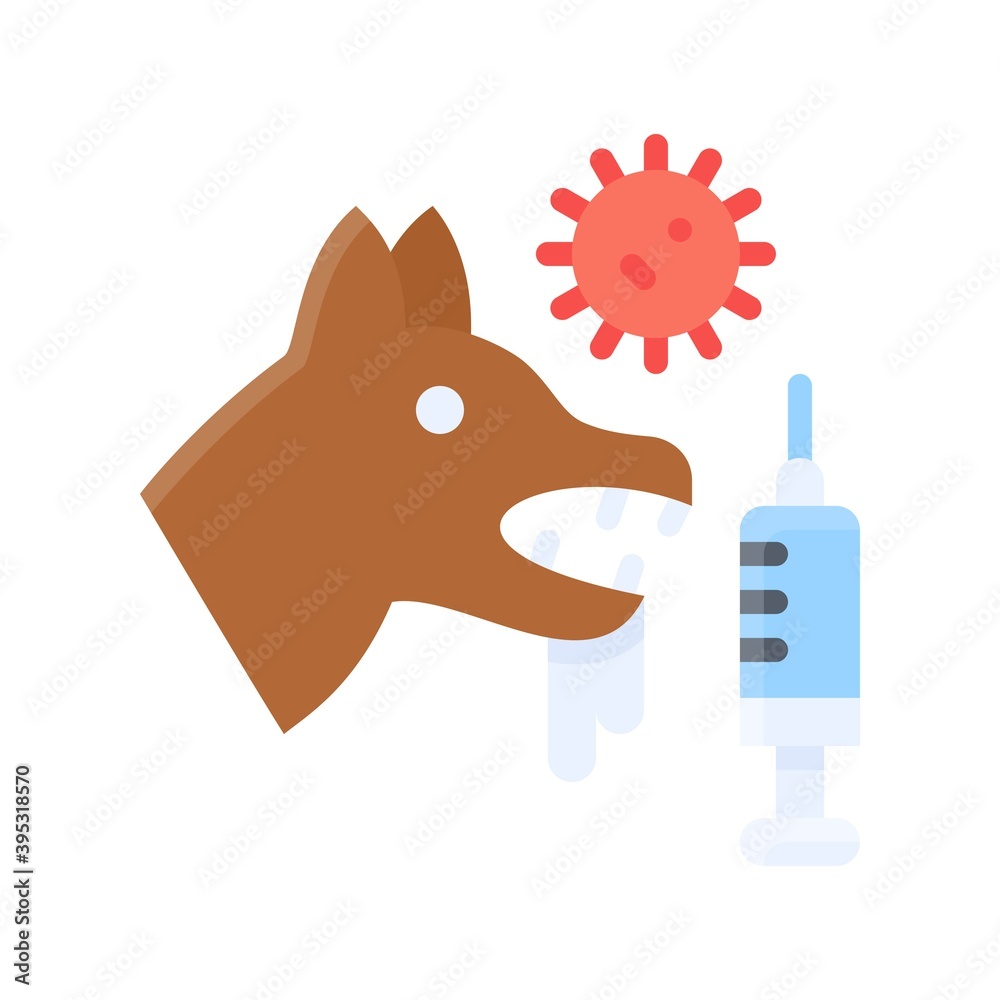 sickness and disease related dog with virus and injection vectors in flat style,