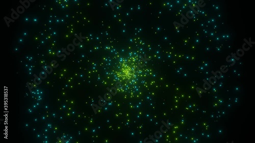 Spread Green and Blue Particles with Motion Blur in Black Background. Beautiful Background Animation Movement of Light