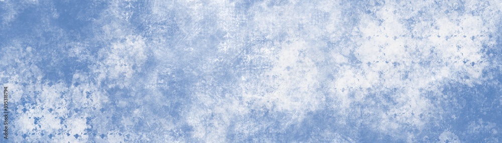 Illustrazione di sfondo carta blu chiaro con morbida trama sfocata sui bordi in colore blu pallido pastello con centro bianco vuoto, sfondo vintage semplice ed elegante, web banner. Texture di neve.