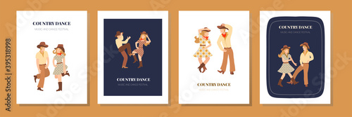 Vector template for concert poster or flyer with dancing country couple cowboy and cowgirl. Cheerful couple dancing western dance. Flat style posters set