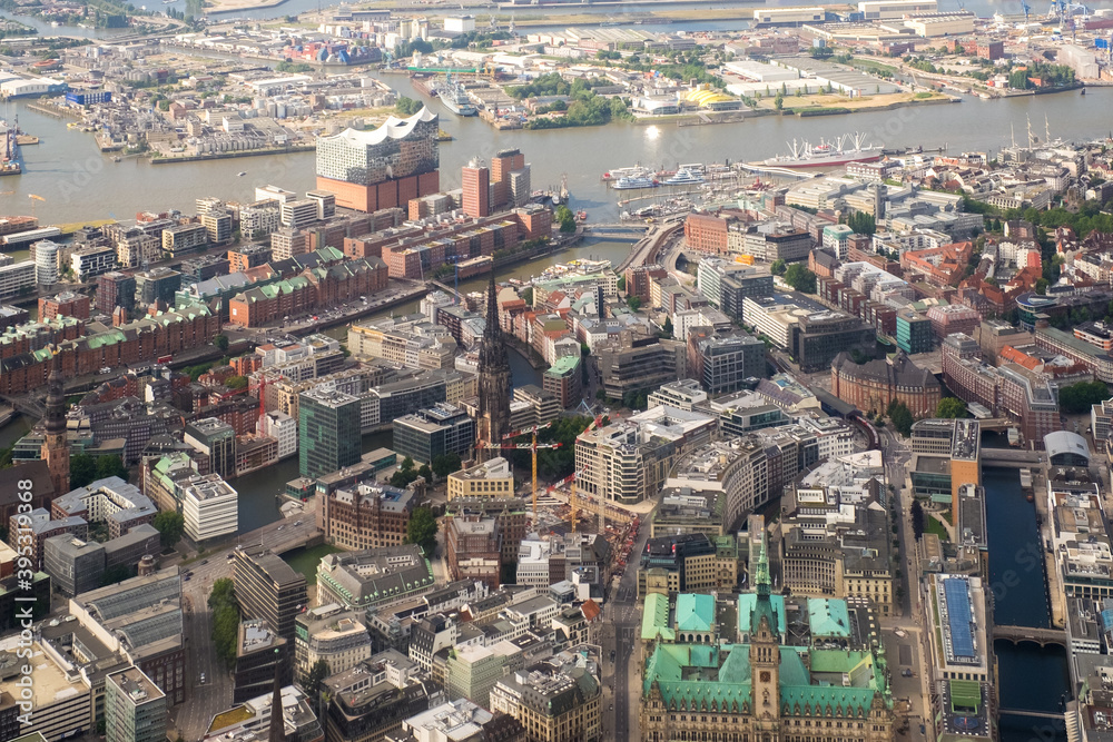 Downtown Hamburg, warehouse district and Elbe river from the air