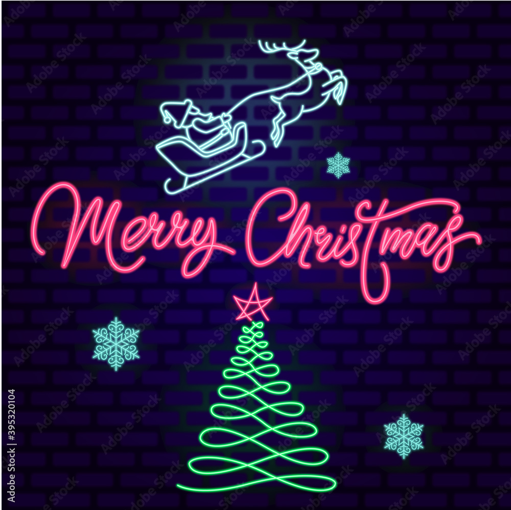 Merry Christmas neon. Neon snowflakes, neon fir tree, neon Santa Claus with reindeer. Glowing sign lettering for Christmas. Merry Christmas neon. Neon snowflakes, neon fir tree, neon Santa Claus with reindeer. Glowing sign lettering for Christmas.