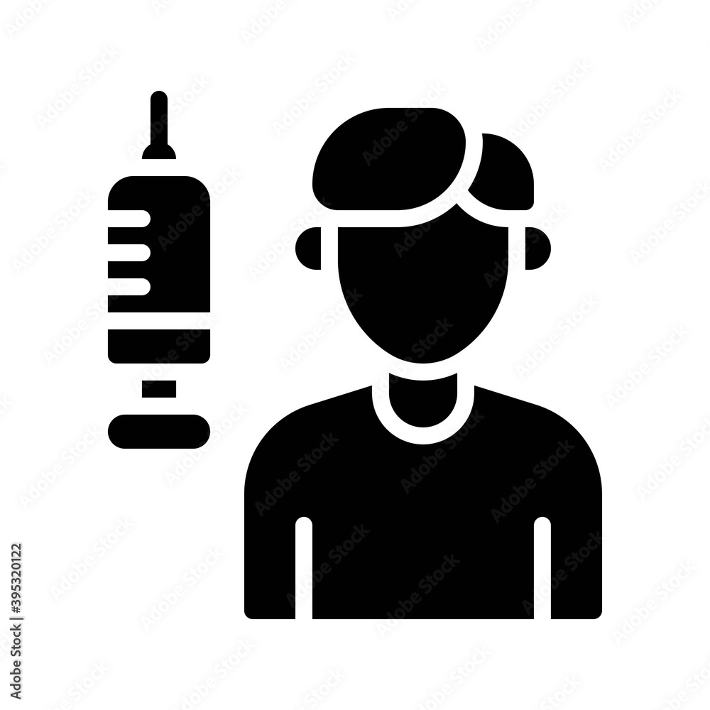 sickness and disease related boy or patient with injection vectors in solid design,
