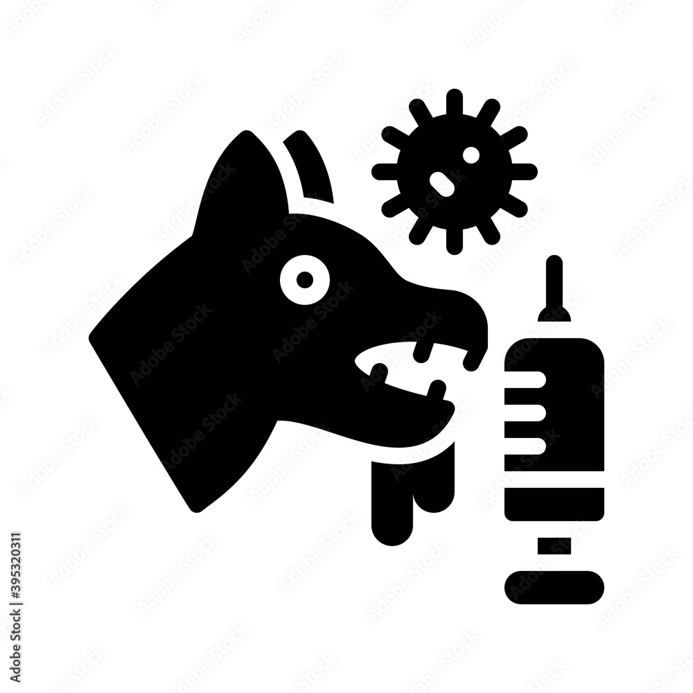 sickness and disease related dog with virus and injection vectors in solid design,