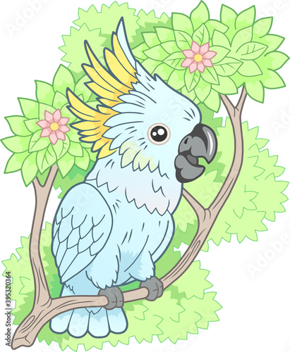 cartoon cute cockatoo parrot sitting on branch funny illustration