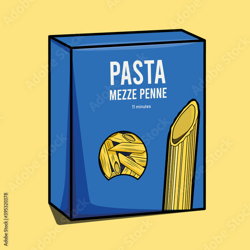 illustration of a box of italian pasta. Blue and yellow illustration. Black outline stroke. Cartoon style. Ideal for poster or flyer