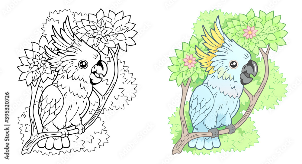 Fototapeta premium cartoon cute cockatoo parrot sitting on branch funny illustration